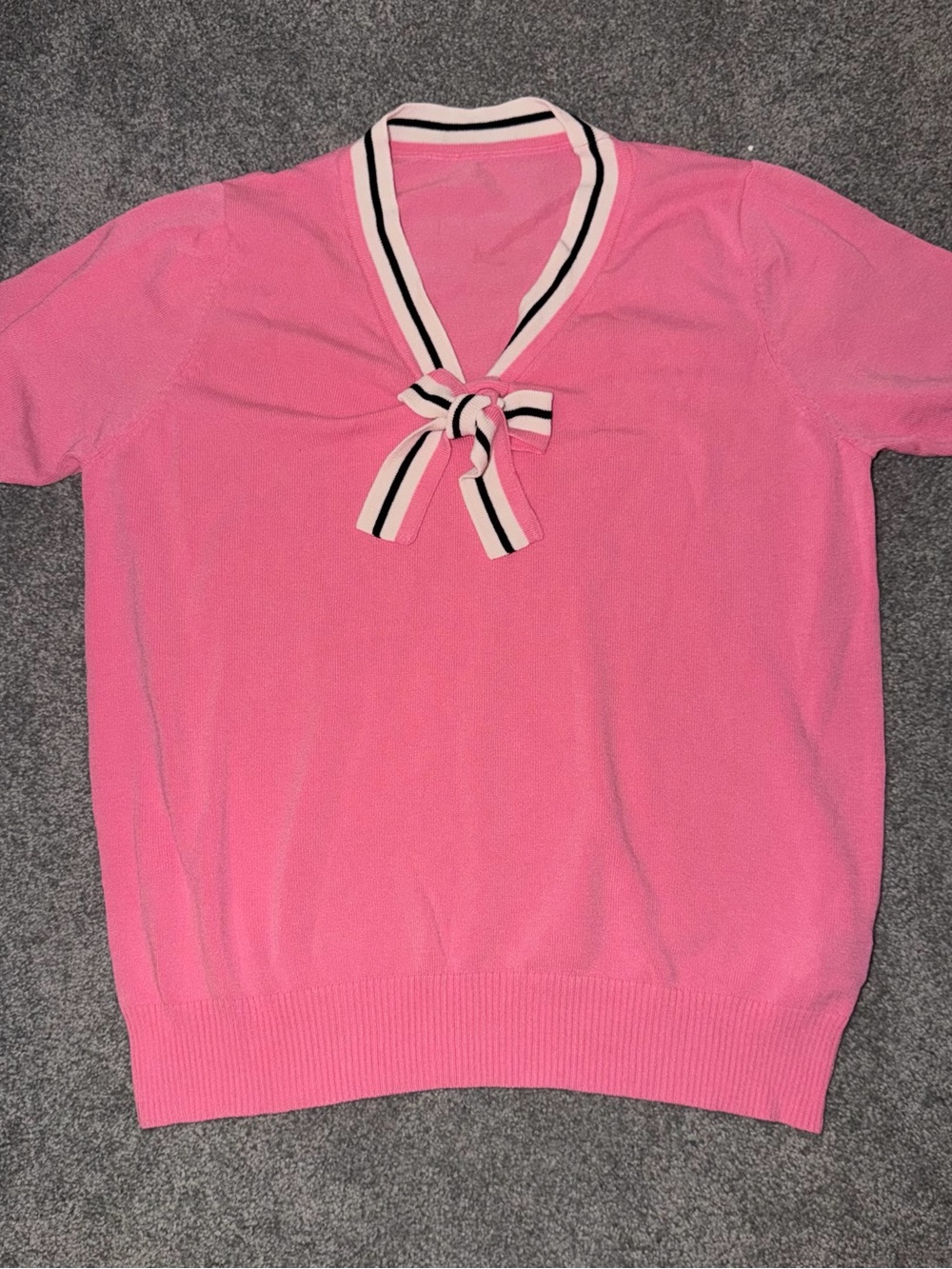 SHEIN Pink V-Neck Tie-Front Sweater with Striped Trim